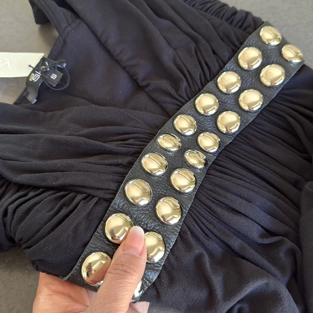 NEW SKY Brand Top Leather & Silver Metal Trim Y2K Black - Picture 8 of 8